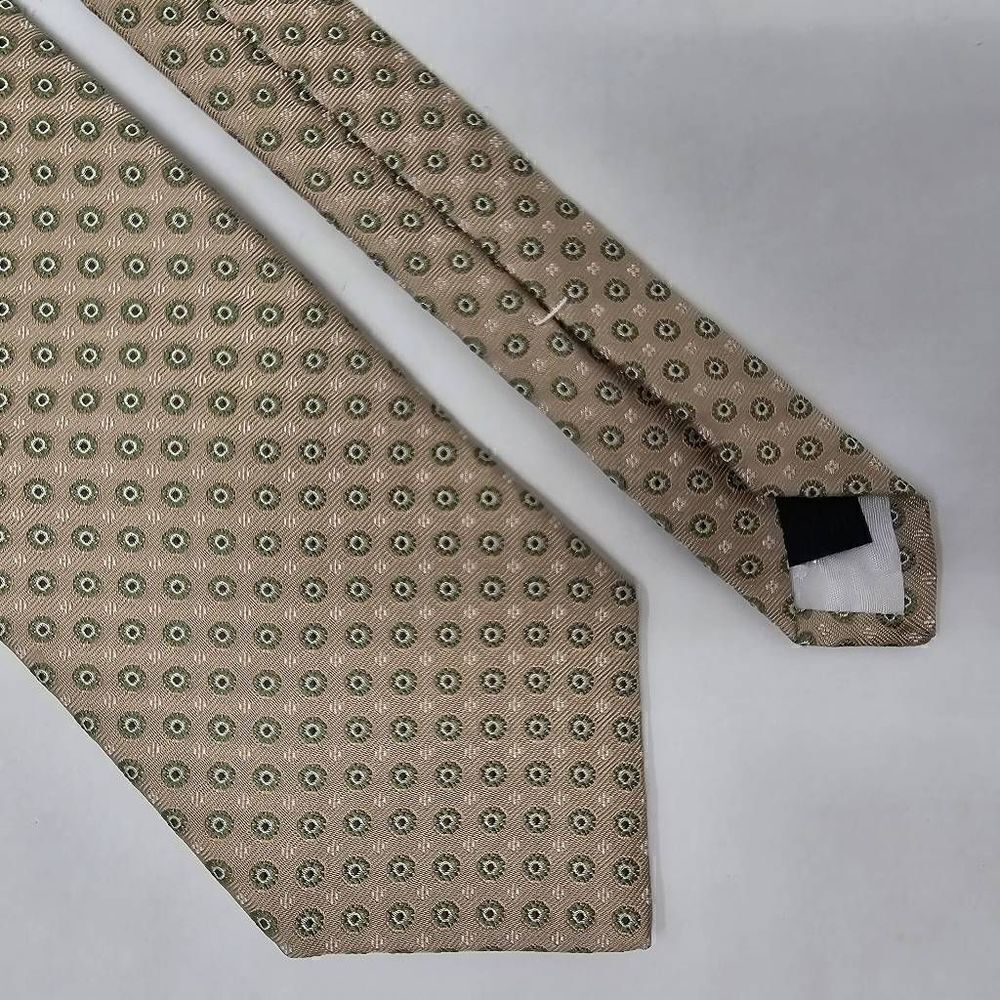 BROOKS BROTHERS MAKERS SILK TIE TAN GREEN CIRCLE POLKA DOT TEXTURED 3.75" X 58"